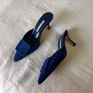 Manolo Blahnik Maysale Blue Cobalt Buckle Mules - Sz. 37.5